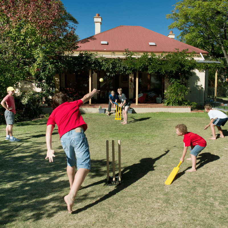 Boys playing cricket in backyard